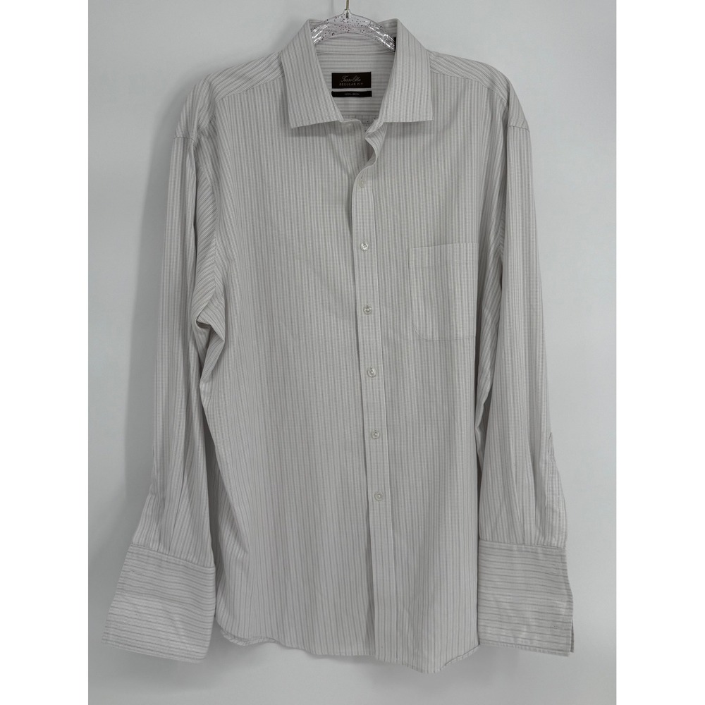 Tasso Elba Mens Regular Fit Dress Shirt Grey White French Cuff Sz 17 100% Cotton